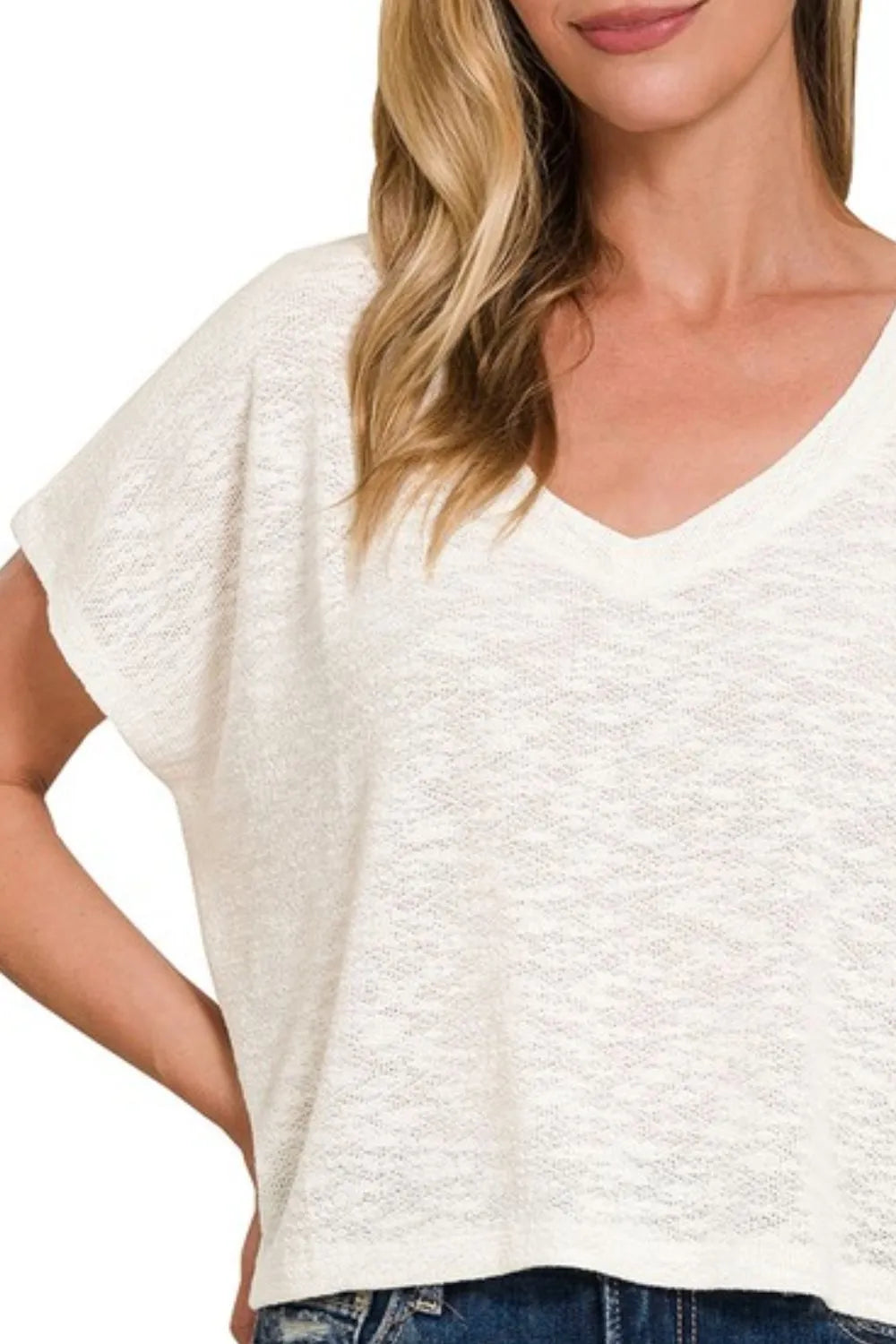 Zenana Hacci Slub V-neck Drop Shoulder Crop Top - Love Salve